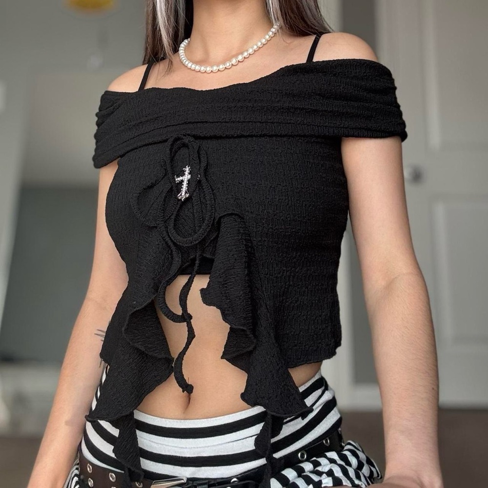 Rhinestone Cross Pendant Off The Shoulder Black Crop Top with Front Ruffle Trim